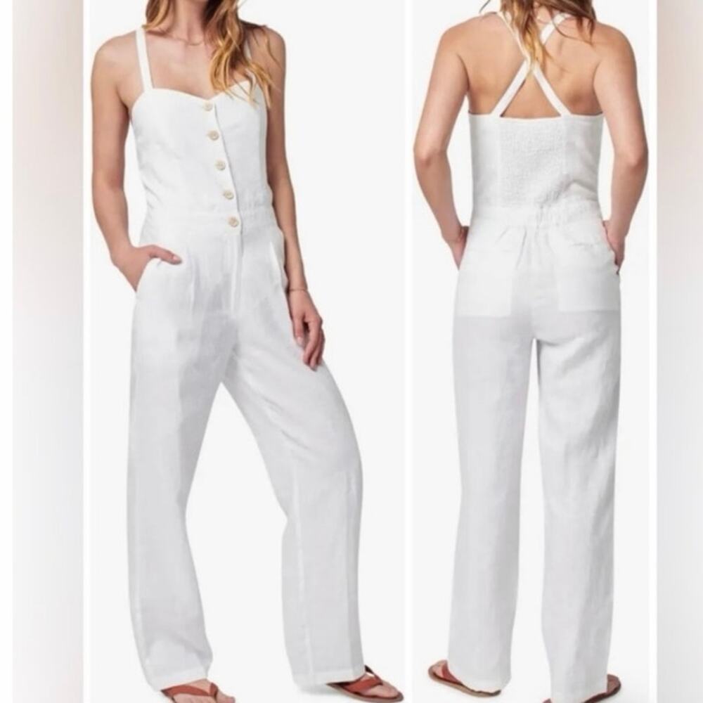 Faherty Ozzy Crossback Strap White 100% Linen Jumpsuit One Piece Large NEW